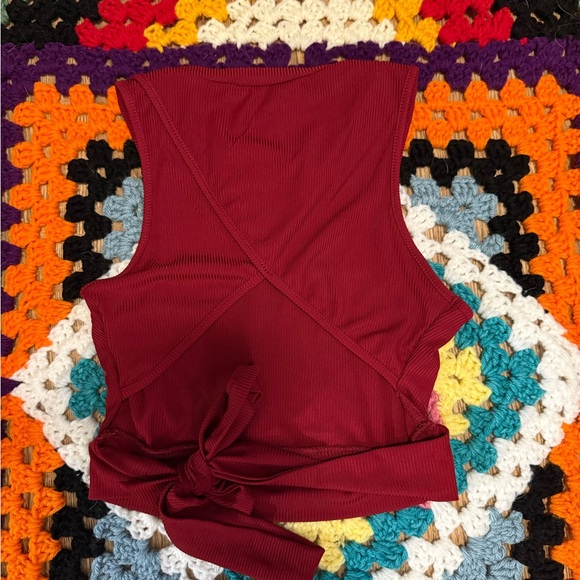 SHEIN Burgundy Ribbed Cropped Tank with Back Tie - Picture 2 of 3